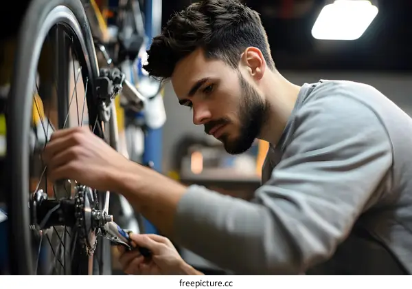 Man Repairing Bicycle in Workshop