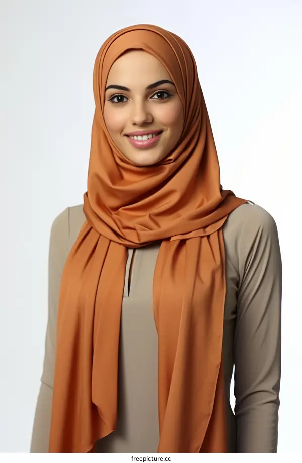A young woman wearing a brown hijab smiles at the camera