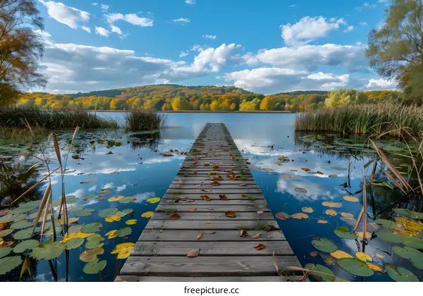 Wooden Path Leading to Calm Autumn Lake