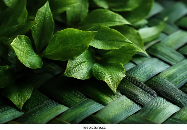 Fresh Green Leaves on Woven Natural Background