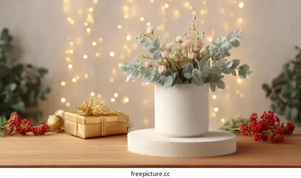 Christmas Decor Arrangement with Gift Boxes and Flowers
