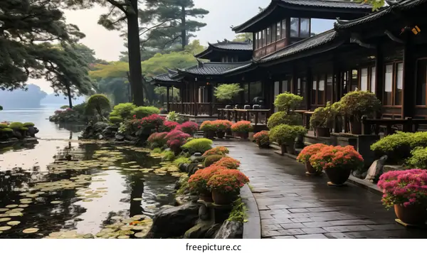 chinese style architecture near lake with flowers and trees