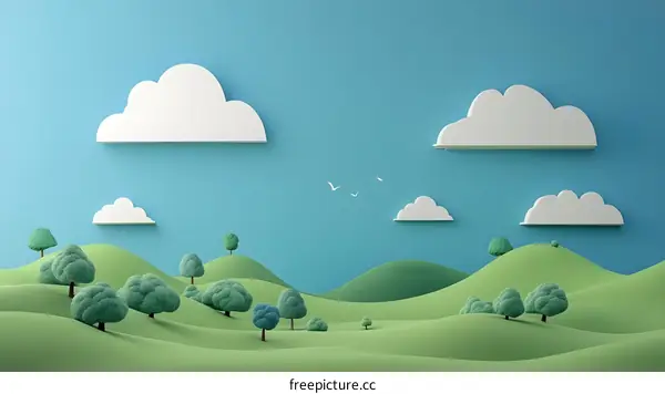 Cartoon Landscape with Green Hills and White Clouds