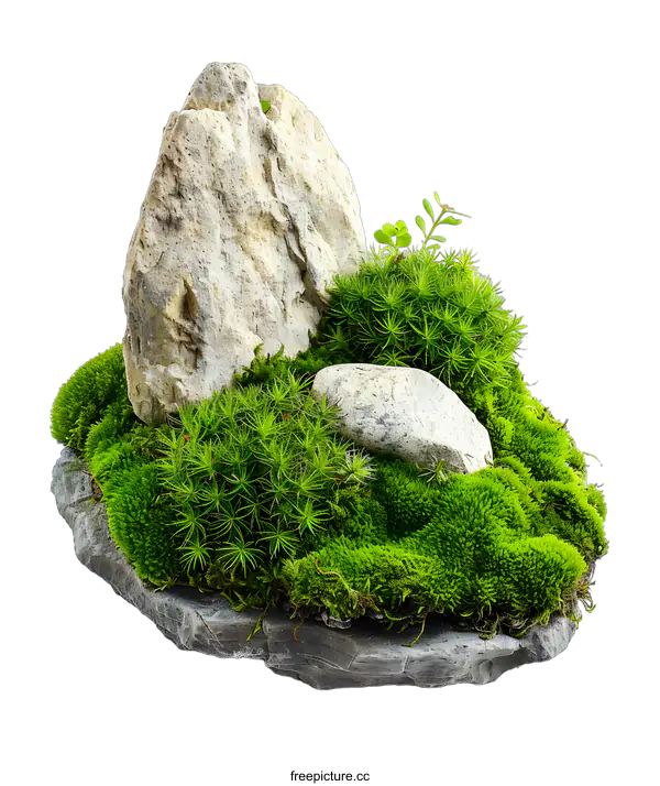 [Transparent Background PNG]Green Moss and Stones Arrangement on White Background