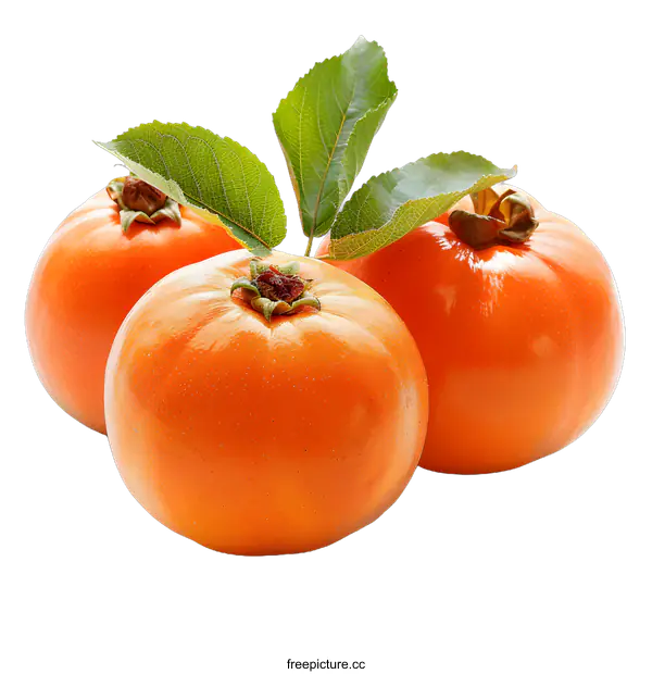 [Transparent Background PNG]Three persimmons with green leaves