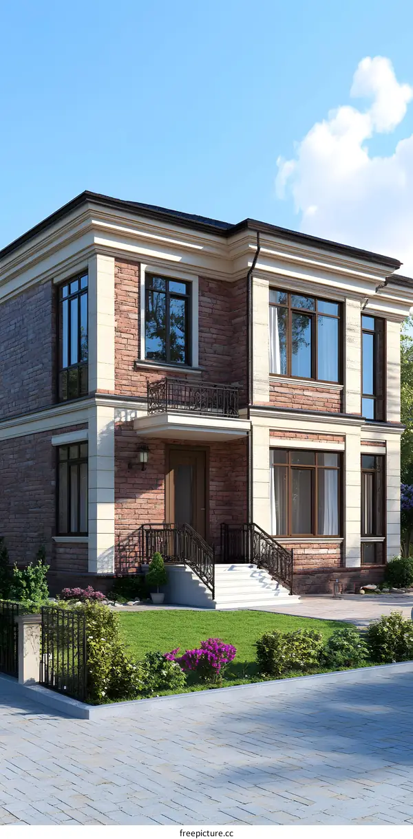 Modern Two Story House with Brick Facade and Green Lawn
