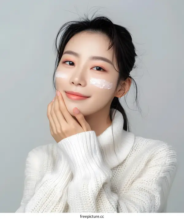 Young Asian Woman Applying Face Cream with White Knit Sweater