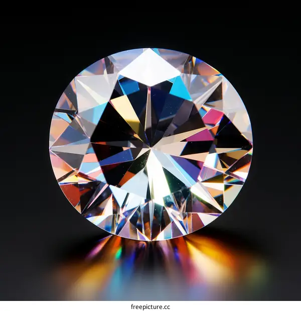 Round Diamond with Rainbow Reflections on Black Background