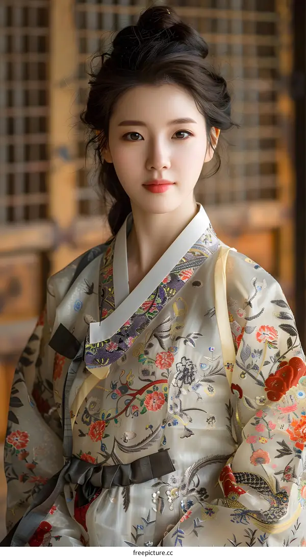 Portrait of a young woman in traditional Korean dress, or Hanbok