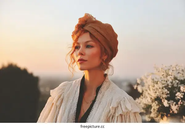 A Caucasian Woman in Vintage Style Outfit during Sunset
