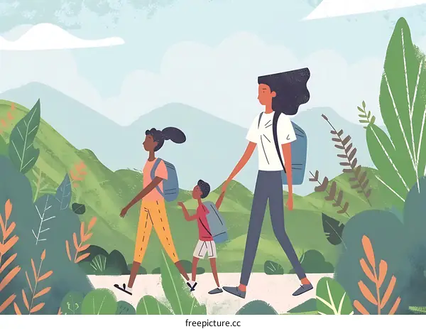 Family Hiking Through a Lush Green Landscape