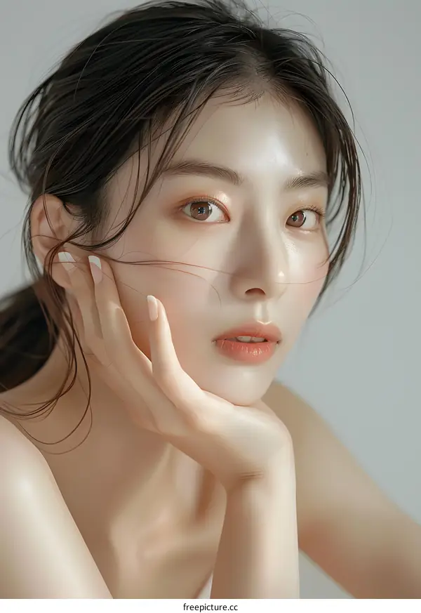 Portrait of a Beautiful Young Asian Woman with Brown Hair and Eyes