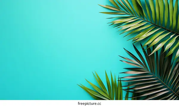 Green Palm Leaves on Blue Background