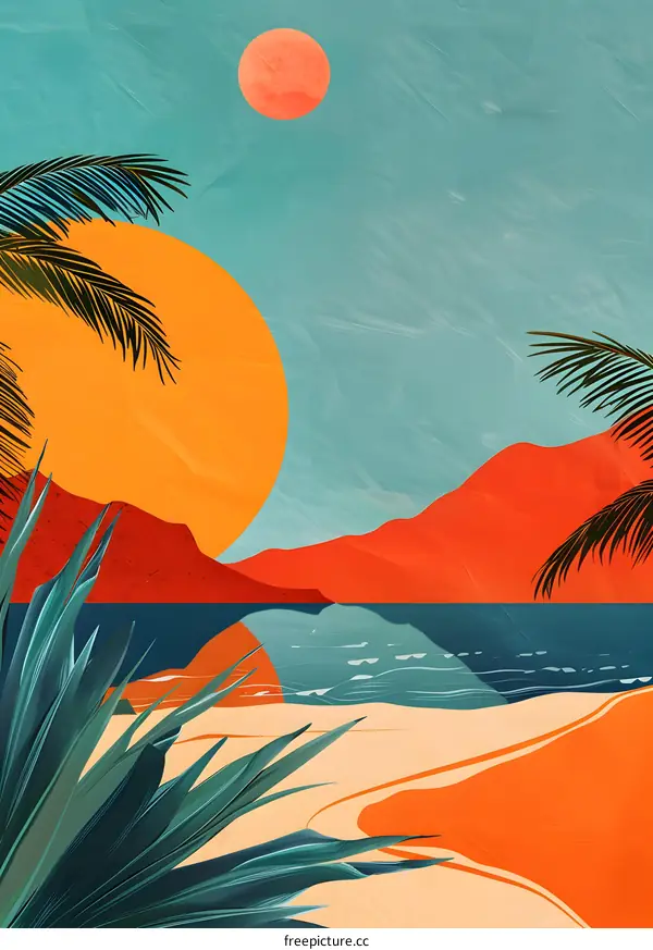 Abstract Tropical Sunset with Palm Trees and Ocean