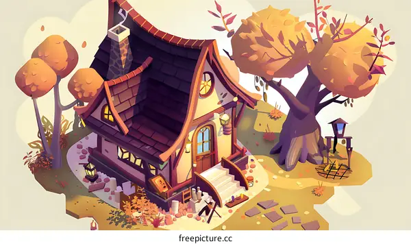 Autumn Cottage Illustration With Yellow Tree