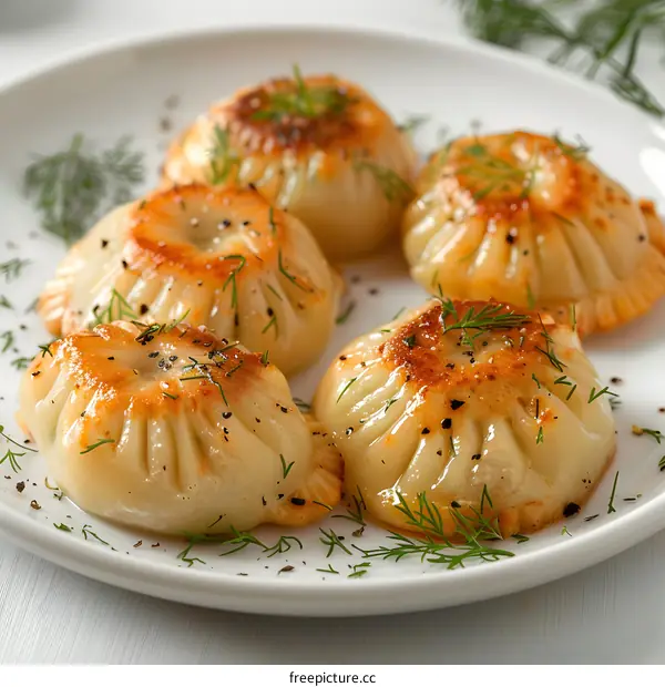 dumplings with dill on a white plate