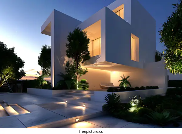 Modern House Exterior Design With Illuminated Steps At Night