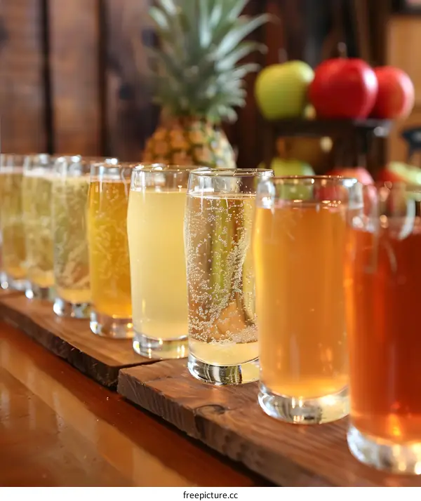 Selection of Craft Ciders in Glasses on Wooden Surface