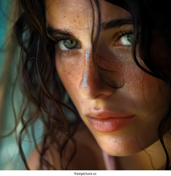 portrait of a young woman with freckles and green eyes