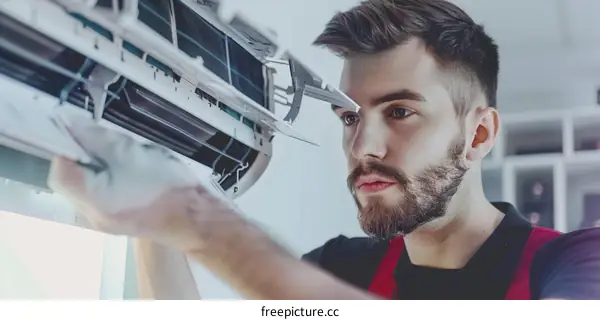 A technician is repairing an air conditioner.