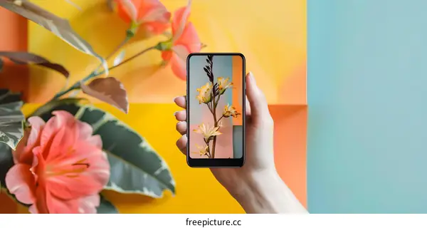 Hand Holding Smartphone with Flower Photography