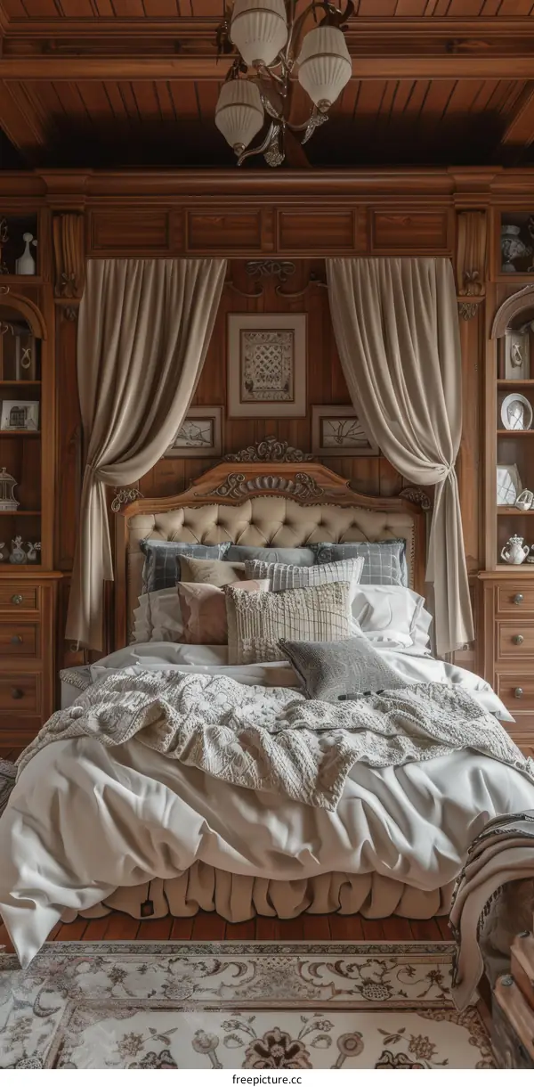 Elegant Wooden Bedroom with Beige Curtains and Bedding