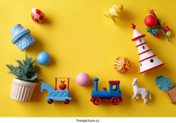 Colorful Childrens Toys on Yellow Background