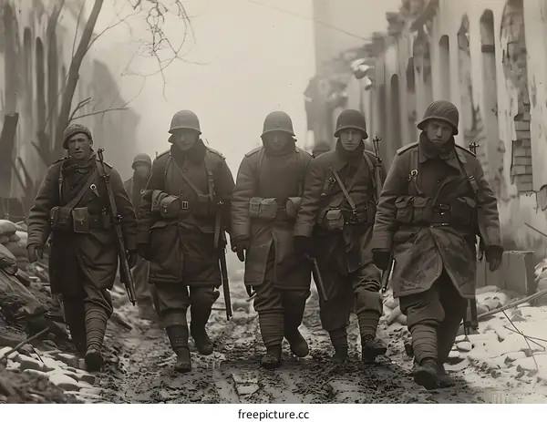American soldiers walking through a destroyed French town during World War I