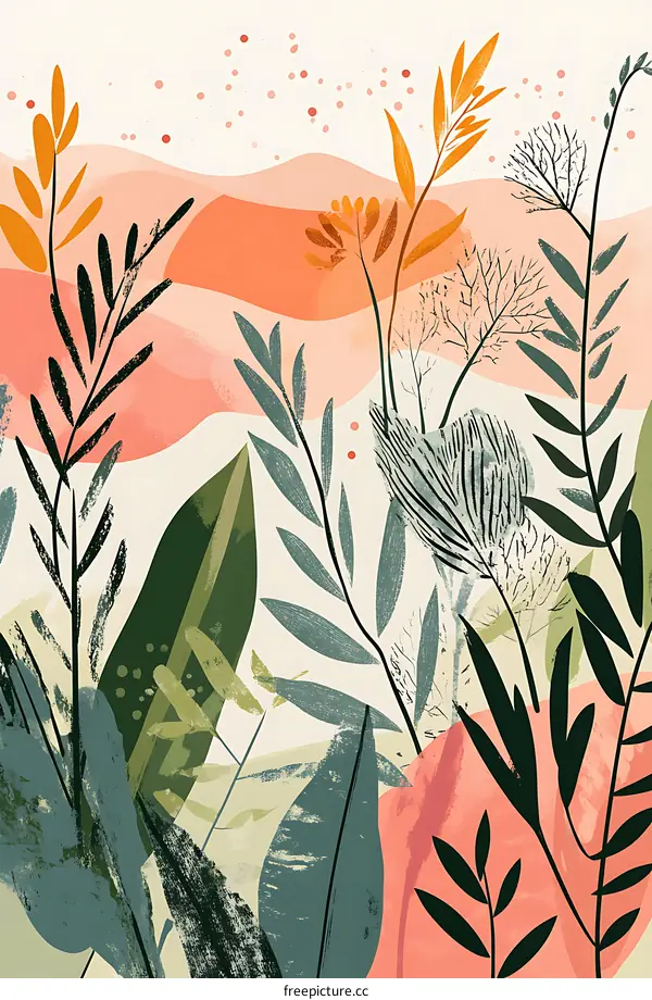 Abstract Botanical Illustration with Orange and Green Tones