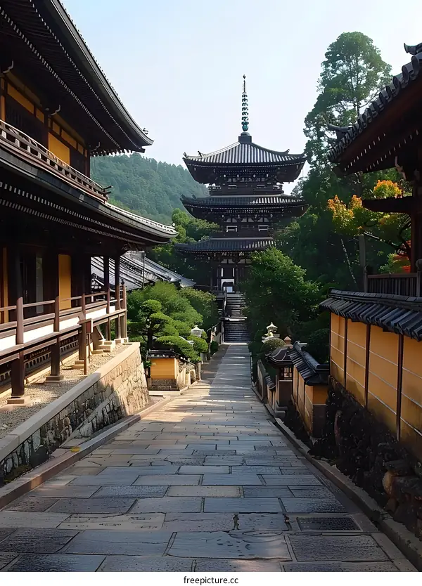 A path leading to a pagoda in a Japanese temple