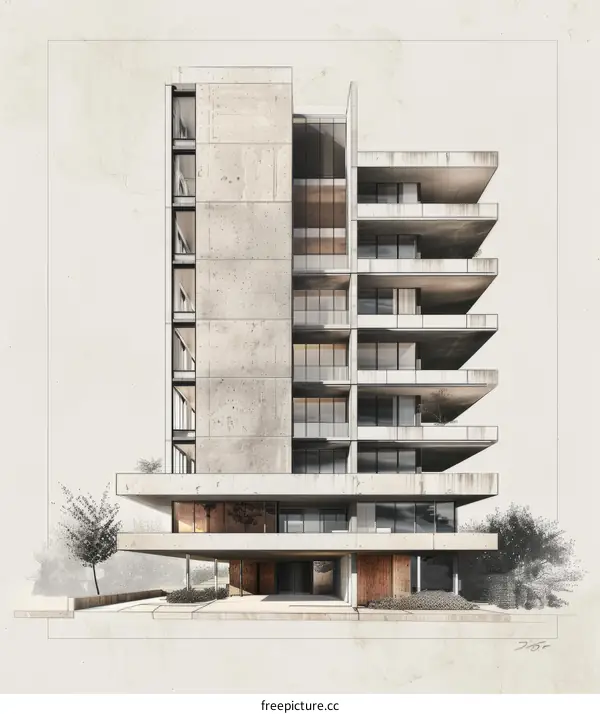 Modern architecture, concrete building with glass windows