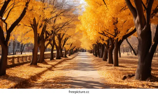 An Autumn Avenue of Trees with Yellow Leaves