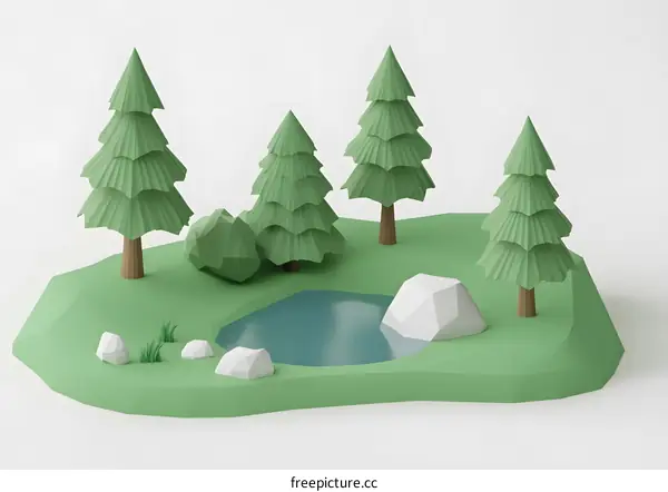 Low Poly 3D Render of a Green Forest With a Lake