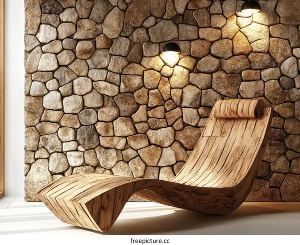 Wooden Lounge Chair Against Stone Wall