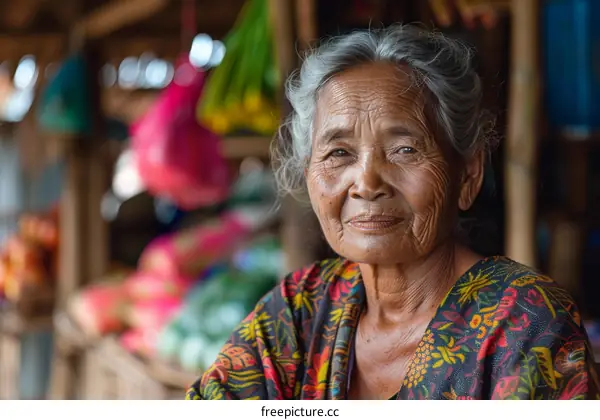 Asian senior woman portrait in market