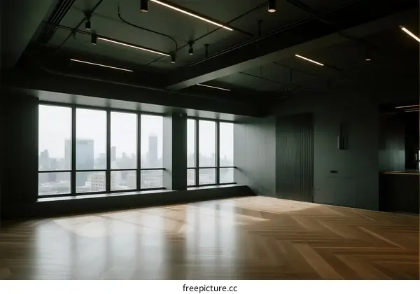 Modern empty office space with large windows and wooden floor