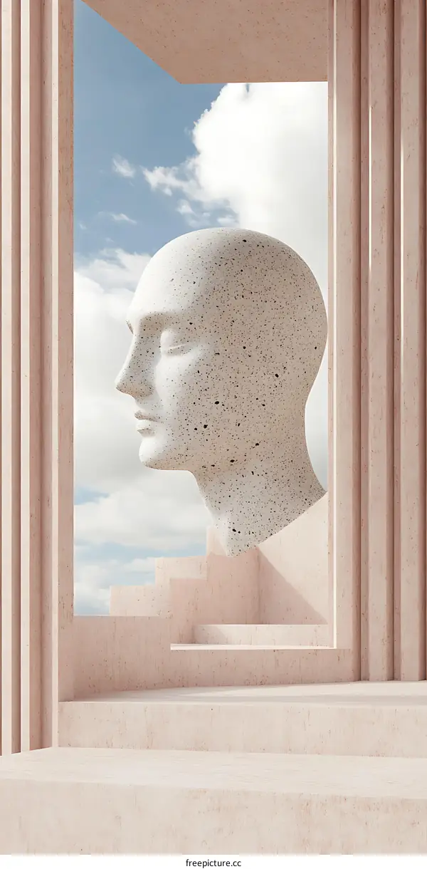 Abstract Minimalist Architecture with a Stone Head Sculpture