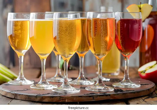 Selection of Sparkling Apple Ciders in Wine Glasses on a Wooden Table