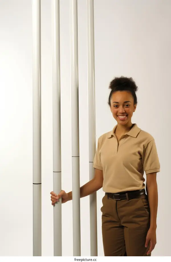 Smiling woman standing next to a row of poles