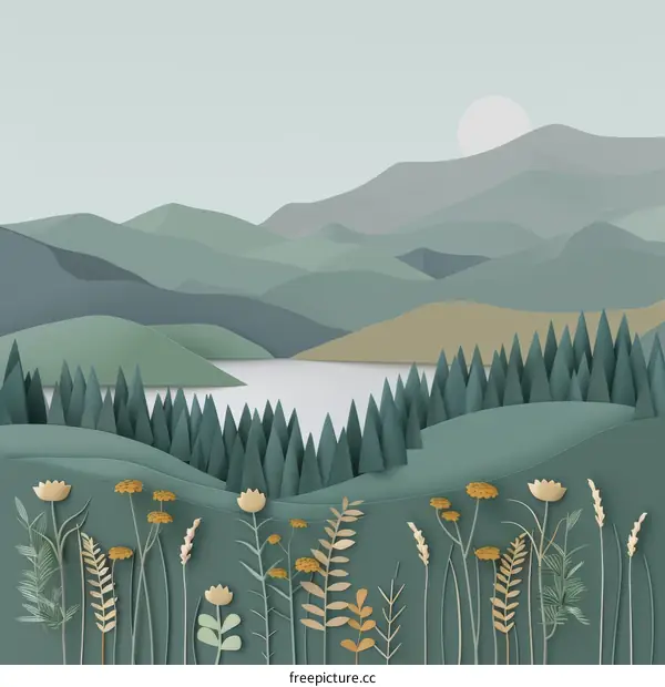 green mountain and lake landscape with pine trees and flowers in foreground