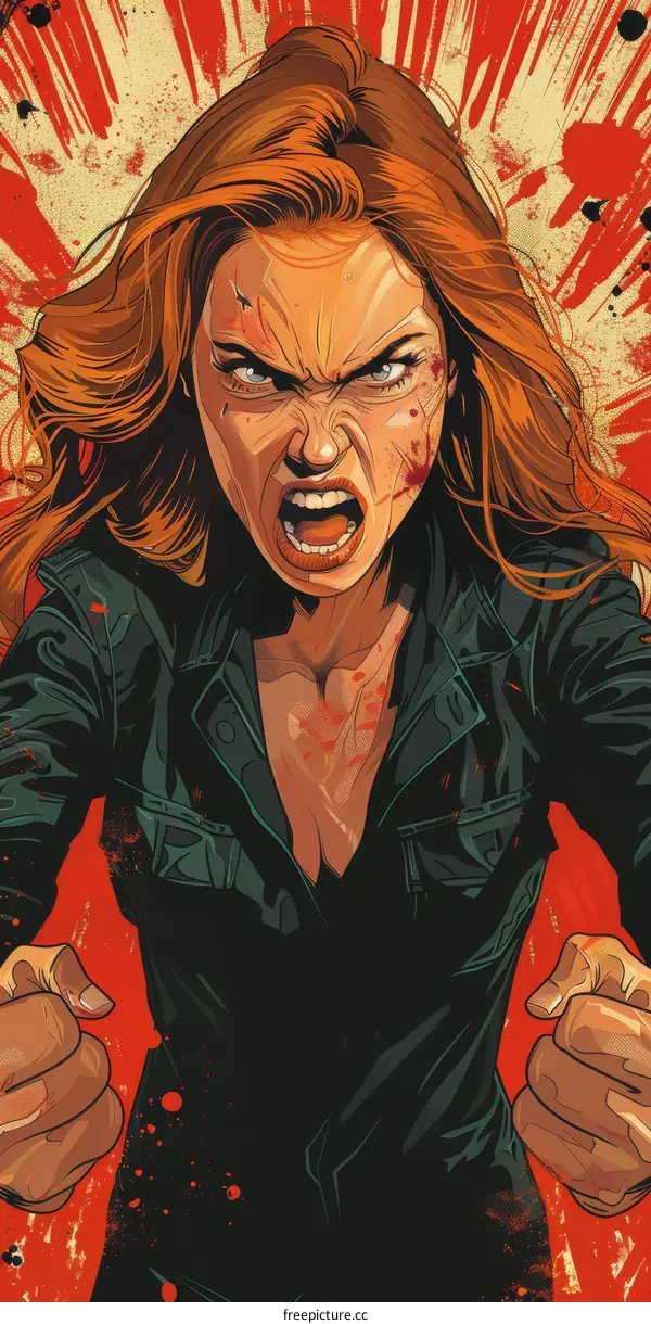 Angry Female Character with Red Hair and Blood Splatter