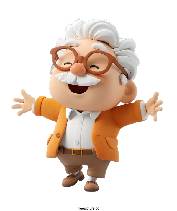 [Transparent Background PNG]Happy Cartoon Elderly Man with White Hair and a Mustache