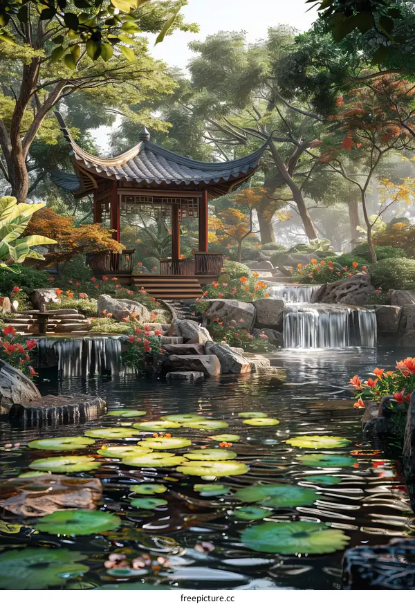 Chinese Style Pavilion and Waterfall in the Garden