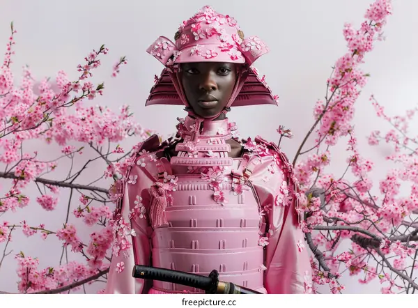 Black female samurai in pink armor stands in front of a cherry blossom tree