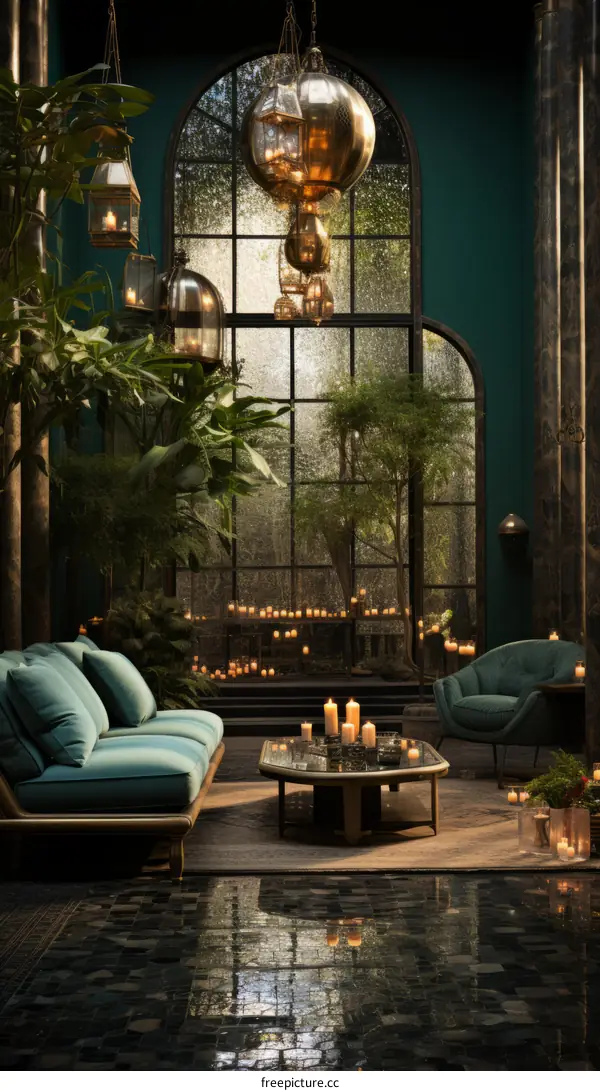 A luxurious living room with a dark green theme