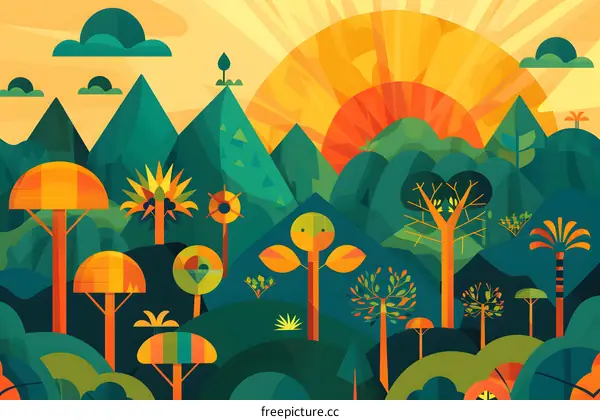 Abstract Geometric Mountain Landscape with Sun