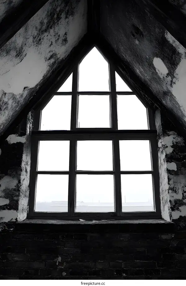 Old Window in an Abandoned Building with Brick Wall