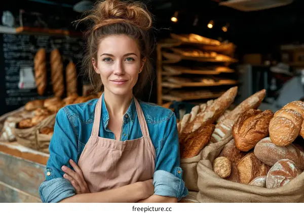 Smiling Baker Woman Standing Behind Bread Display