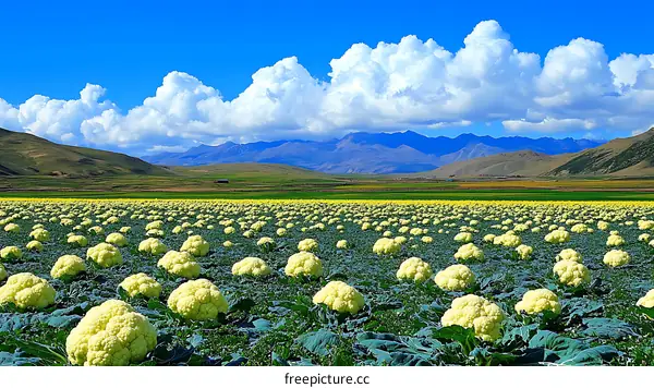 Vast Cauliflower Field Under a Beautiful Sky