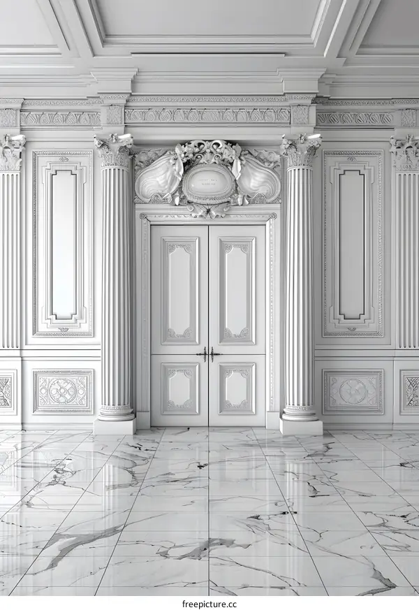 White Marble Floor With Classic Door And Ornate Moldings